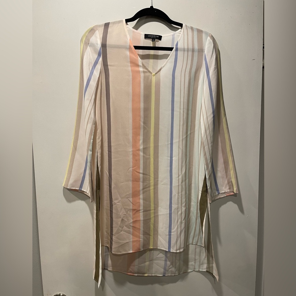 Lafayette 148 New York 100% Silk Striped Tunic Blouse V-Neck Side Zip Size P